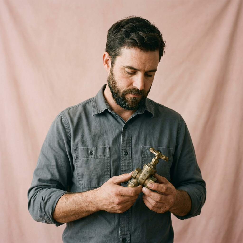 A bearded plumber in a grey work shirt looking down at a brass valve in his hands