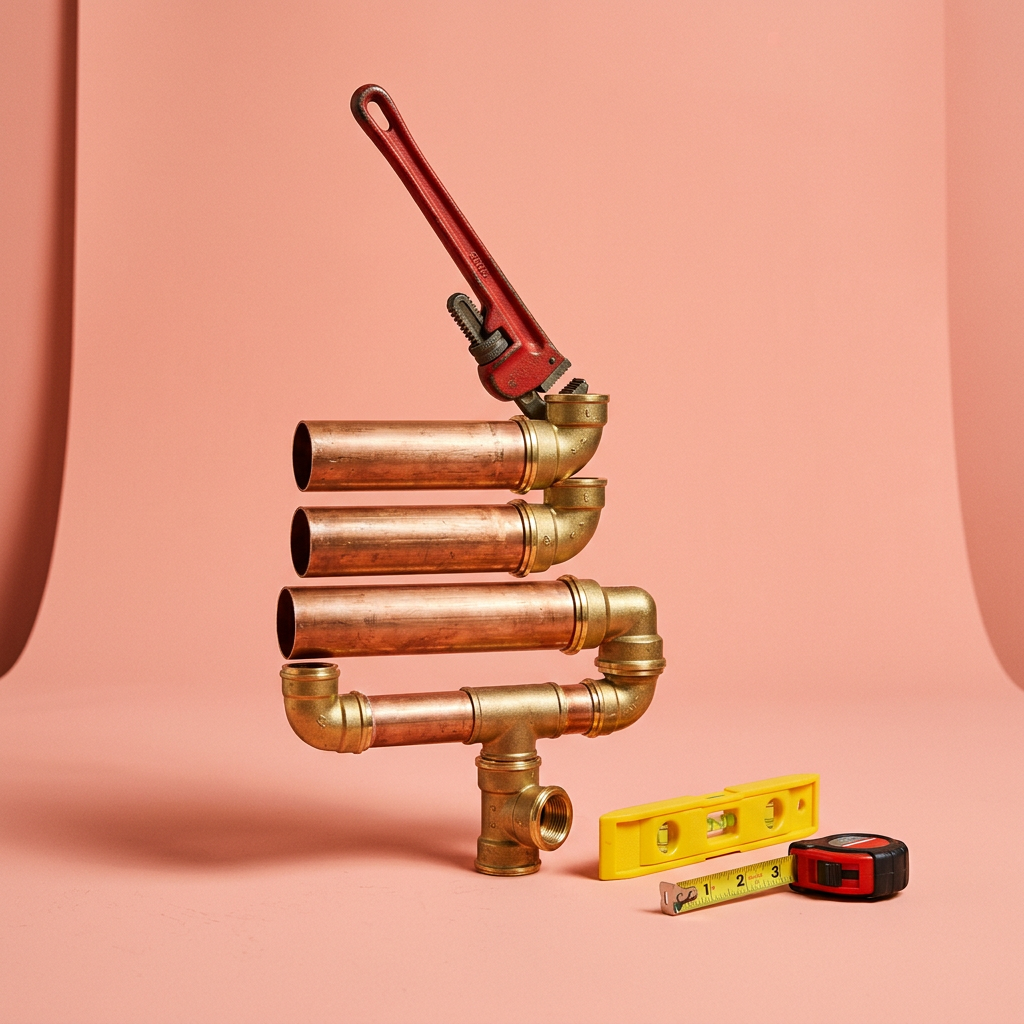 Copper pipes and brass fittings stacked beside a red pipe wrench, a level and a tape measure