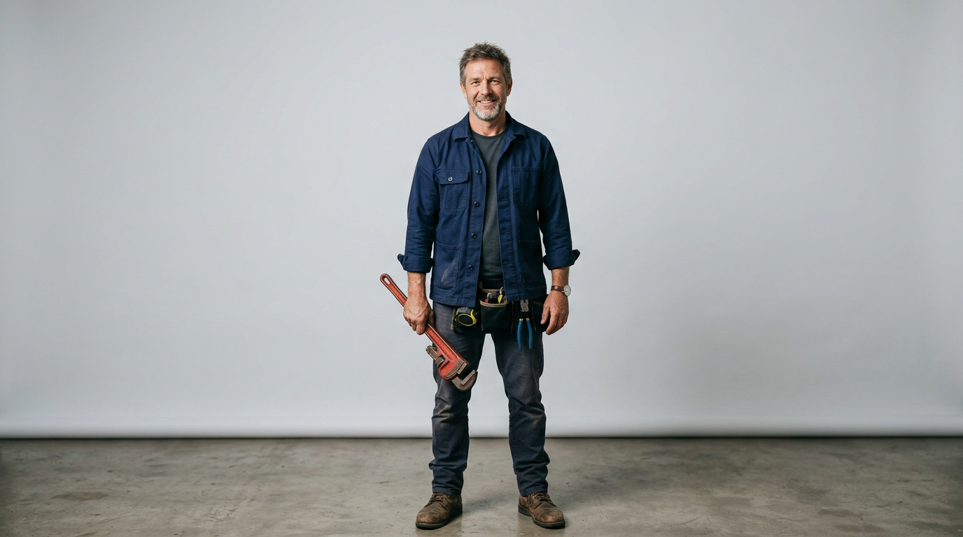 A smiling plumber in a navy work jacket holding a red pipe wrench, with a tool belt at his waist