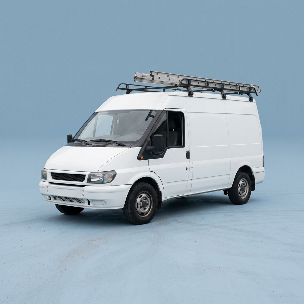 A white work van with a ladder on its roof rack against a powder blue background