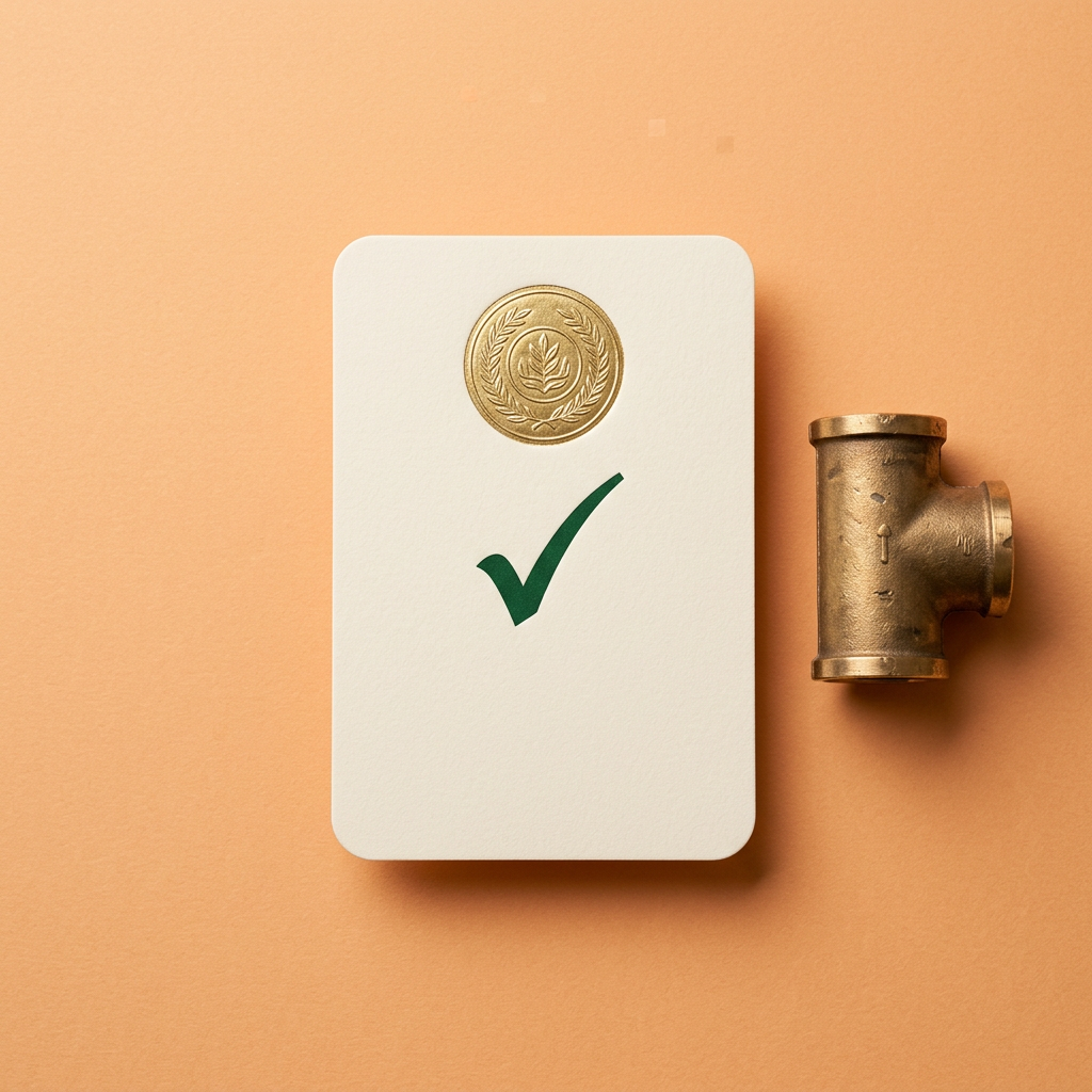 A cream card with a gold seal and a green check mark beside a brass pipe tee on a peach background