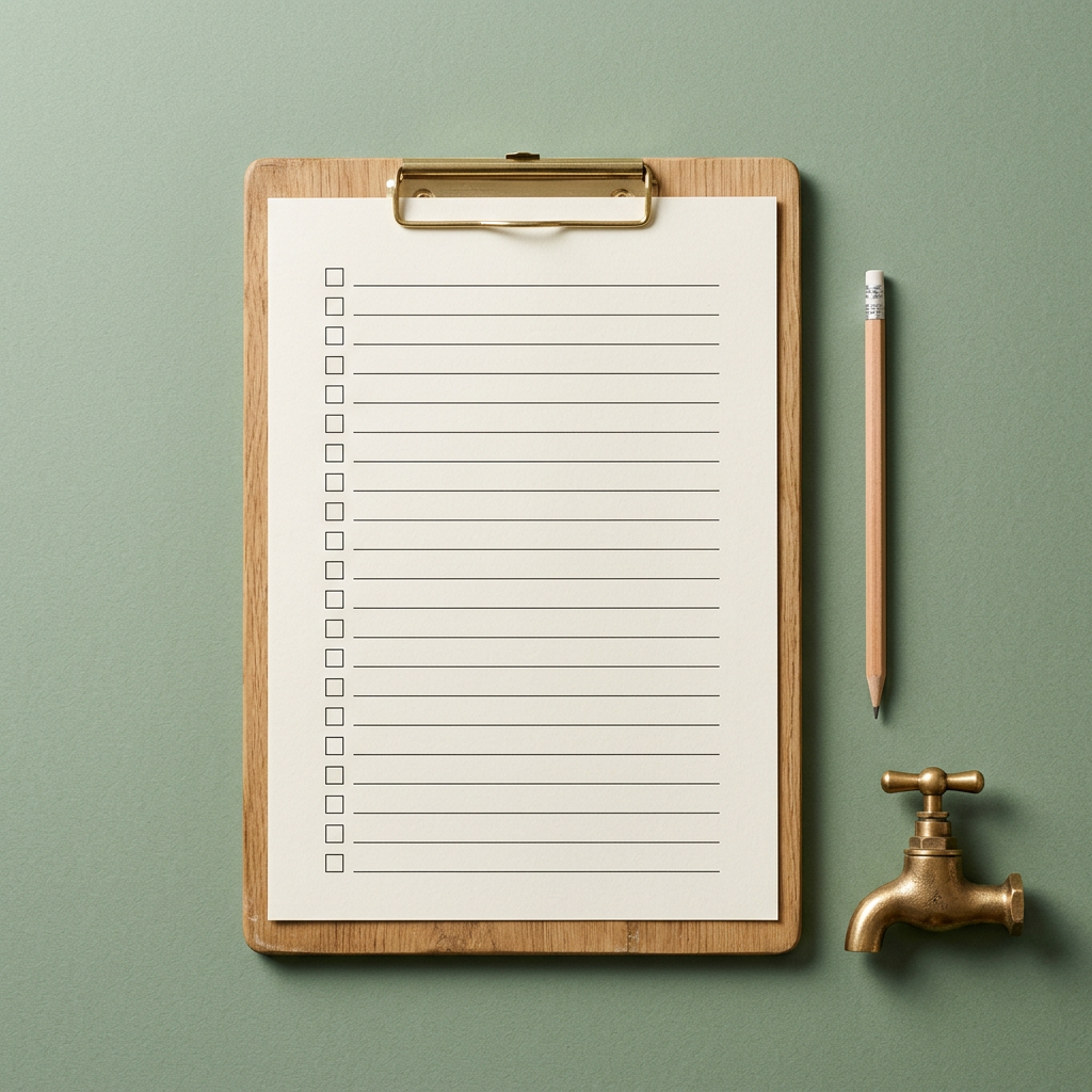 A wooden clipboard with a ruled checklist beside a brass faucet on a sage green background